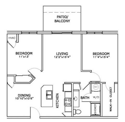 Floor plan for 2 beds, 1 bath, 940 sqft